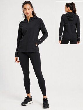 Fit2Run Black Full-Zip Hooded Running Jacket Reflective Thumbholes Size M